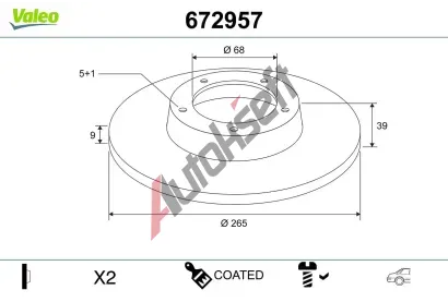 VALEO Brzdový kotouč COATED VA 672957, 672957 VALEO Brzdový kotouč COATED VA 672957, 672957