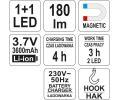 YATO Lampa montn 1+1 LED, bezpvodov, 3,7V Li-ion, magnet+hk, 180lm YTO YT-08502, YT-08502
