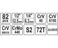 YATO Gola sada 1/2", 1/4" + příslušenství 82 ks YTO YT-12691, YT-12691
