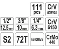 YATO Gola sada 1/2", 3/8", 1/4" + příslušenství 111 ks YTO YT-38831, YT-38831