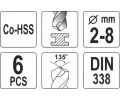 YATO Sada vrtáků na kov 6ks HSS-COBALT 2-8mm YTO YT-41602, YT-41602