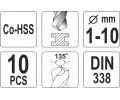 YATO Sada vrt�k� na kov 10ks HSS-COBALT 1-10mm YTO YT-41603, YT-41603