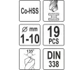 YATO Sada vrtáků na kov 19ks HSS-COBALT 1-10mm YTO YT-41604, YT-41604