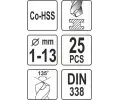 YATO Sada vrt�k� na kov 25ks HSS-COBALT 1-13mm YTO YT-41605, YT-41605
