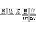 YATO Ráčnový klíč průchozí oboustranný 10-13-17-19 mm YTO YT-4945, YT-4945