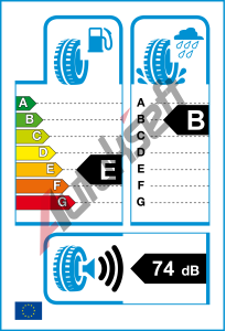 EU �t�tek - Valiv� odpor: E | Z�b�r na mokru: B | Hlu�nost: 74db